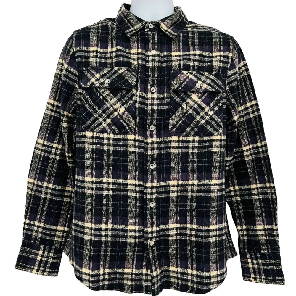 True Religion Mens Black Tan Fleece Plaid Shirt Sz Small Travertine Workwear NWT